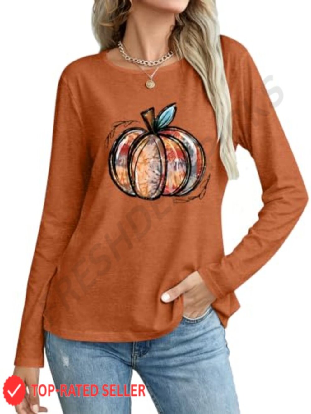 Women's Long Sleeve Pumpkin Graphic Tee Fall Thanksgiving Crewneck Top